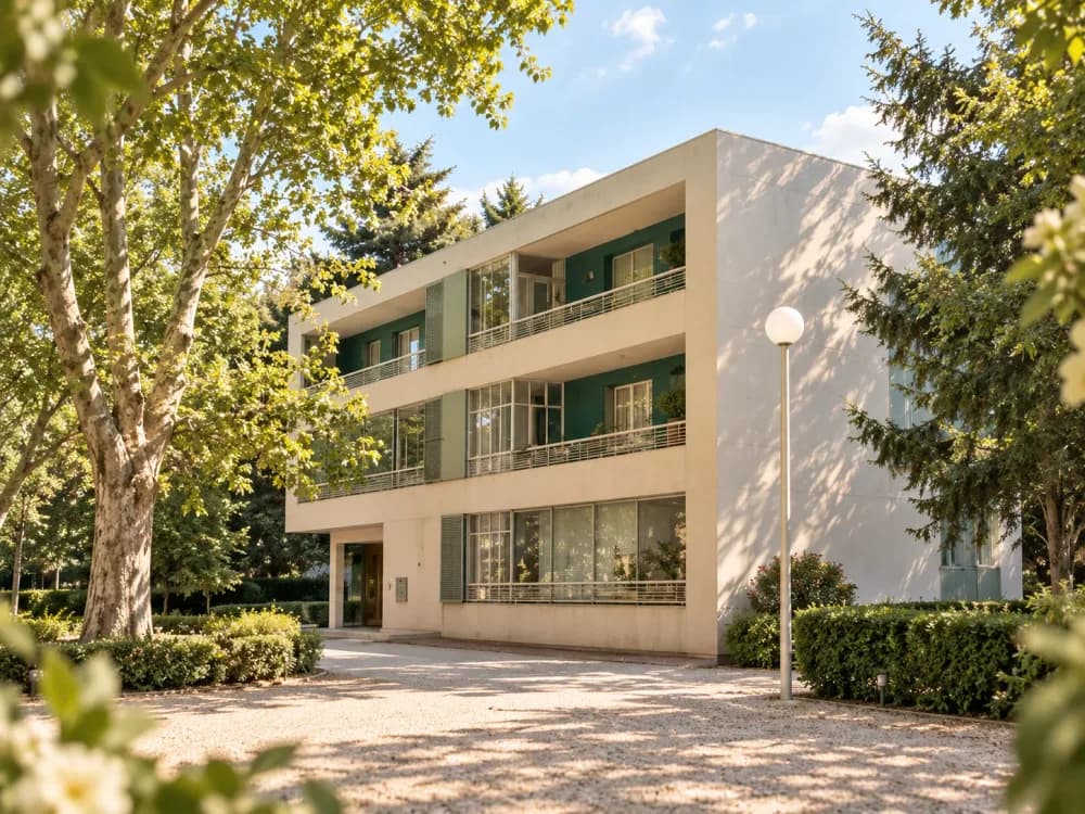 La résidence La Bastide, façade blanche et volets verts sous les platanes